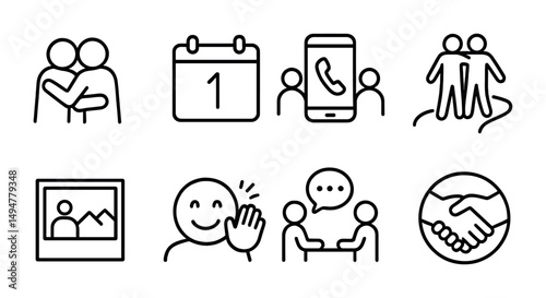 Community and connection line icons set – outline, social interaction, people symbols