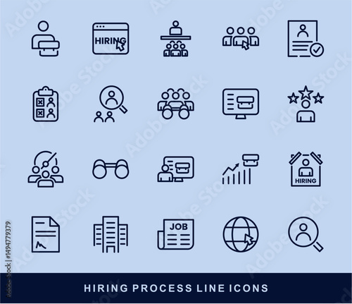 Hiring Process Line Icons. Recruitment, Job Application, Interview, Candidate Selection Vector Set