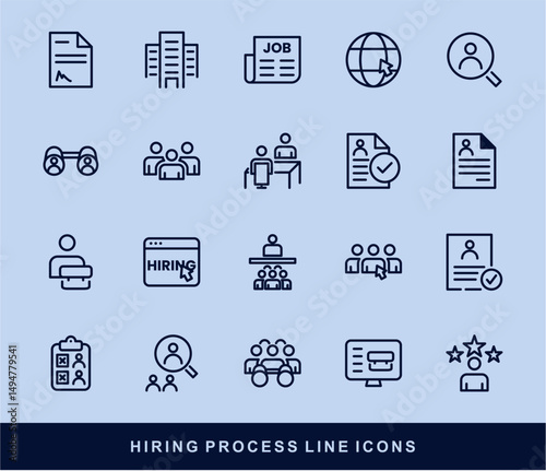 Hiring Process Line Icons. Recruitment, Job Application, Interview, Candidate Selection Vector Set