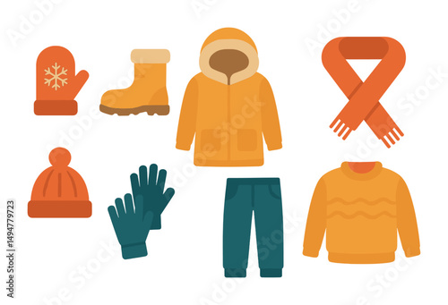 Winter clothing flat icons set – cozy, warm, seasonal attire and gear symbols