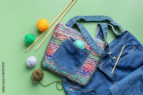 Old jeans and denim and knitted bag with sewing accessories. Top view. Recycling concept. Crafting with denim. Top view