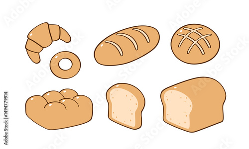 A set of freshly baked breads on a white background. This set includes a variety of breads, such as croissants, baguettes, and donuts.