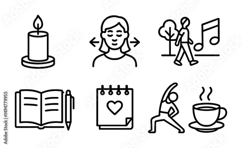 Relaxation and wellness outline icons set – health, mindfulness, self-care symbols