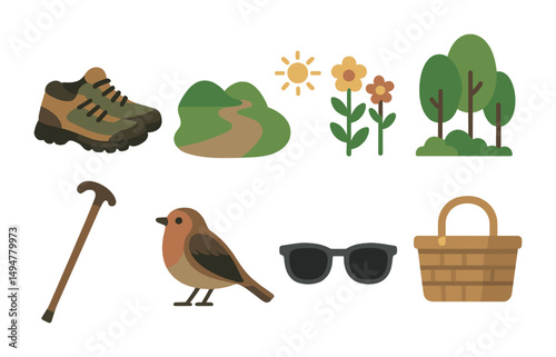 Hiking and nature flat icons set – travel, adventure, trekking symbols