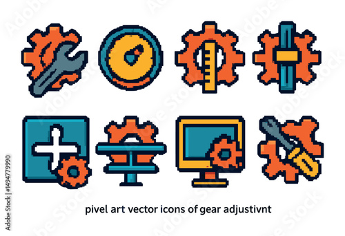 Gear adjustment icons set in pixel art – mechanical, settings, tool symbols