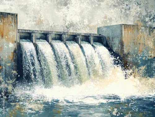 Large dam with multiple spillways releasing water into a river, illustrating hydroelectric power generation, flood control, and water management infrastructure