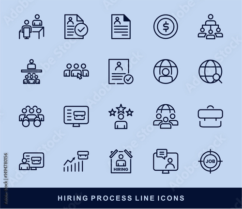 Hiring Process Line Icons. Recruitment, Job Application, Interview, Candidate Selection Vector Set