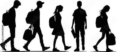 Silhouettes of students walking with backpacks vector style isolated simple vector art on white background