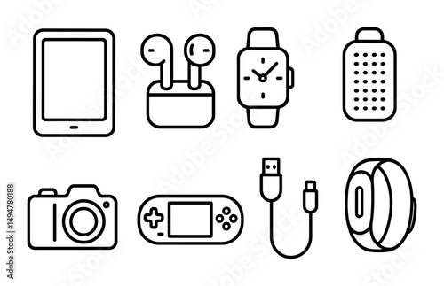 Technology and gadgets outline icons set – linear, digital, electronic symbols