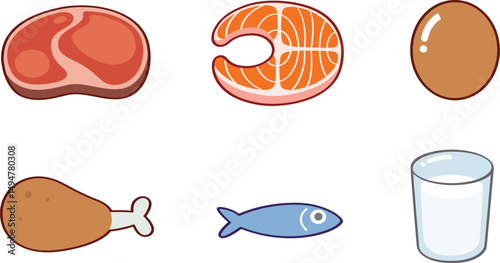 There are various protein-rich foods, including meat, fish, eggs, chicken, and a glass of milk. The illustration highlights different sources of animal protein, all drawn in a cute, cartoon style.