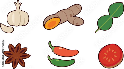 a collection of common Asian cooking ingredients, including garlic, galangal or ginger, kaffir lime leaves, star anise, chili peppers, and a sliced tomato.