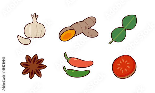 a collection of common Asian cooking ingredients, including garlic, galangal or ginger, kaffir lime leaves, star anise, chili peppers, and a sliced tomato.
