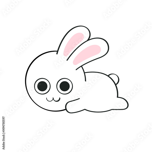 An adorable cartoon bunny is lying down with a sweet smile. Its big, round eyes, tiny smile, and pink ears give it a playful and lovable look, like it's waiting for cuddles or a yummy treat!