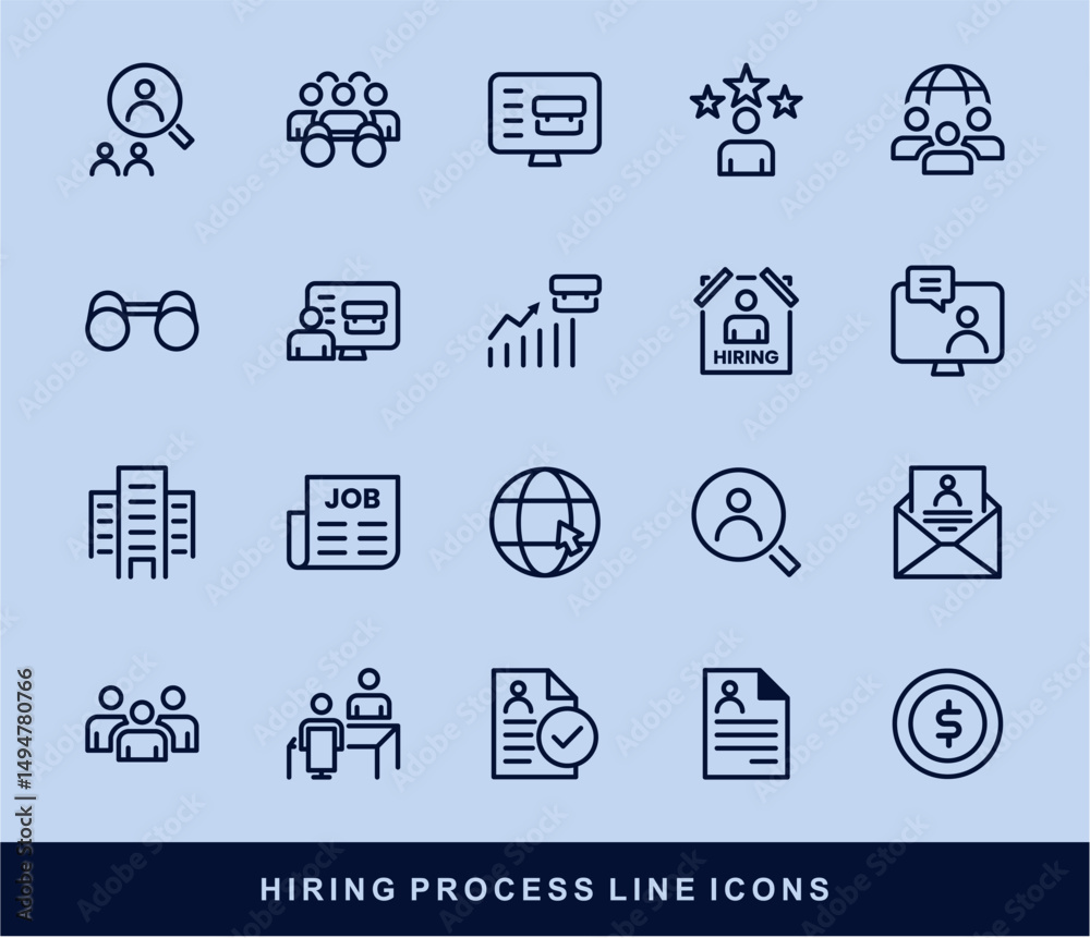 Fototapeta premium Hiring Process Line Icons. Recruitment, Job Application, Interview, Candidate Selection Vector Set
