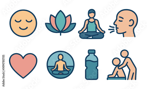 Wellness and relaxation icons set – outline, linear, meditation and self-care symbols
