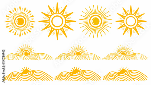 Illustration showing golden suns with various ray designs above wavy golden hills in a repeating pattern.