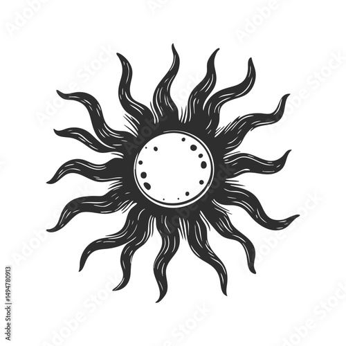 Sun With Wavy Rays Silhouette Illustration. Celestial Symbolism And Mystical Design Isolated Vector Illustration