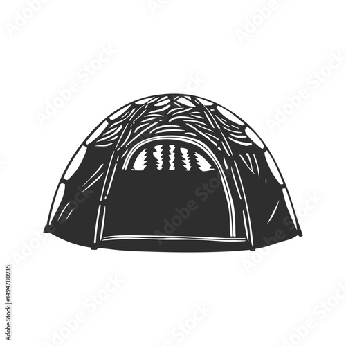 Camping Tent With Forest View Silhouette Illustration. Outdoor Adventure And Nature Exploration Theme. Isolated Vector Illustration