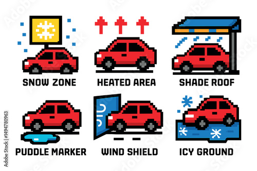 Weather safety pixel art icons set – flat, outline, climate and protection symbols