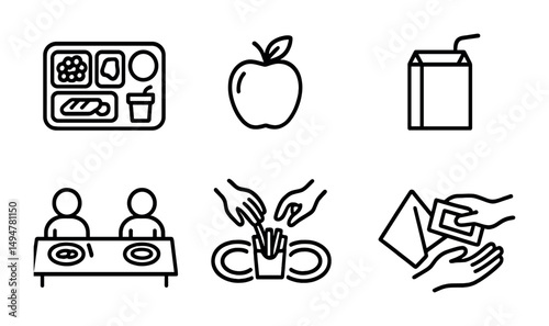 School lunch outline icons set – dining, cafeteria, healthy eating symbols