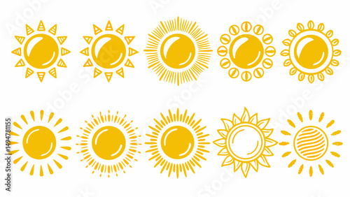 Illustration showing a collection of ten different sun designs with varying ray styles in yellow color hue