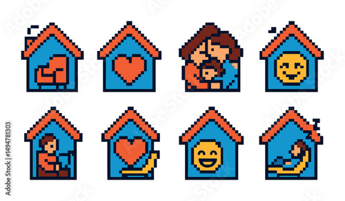 Family and home pixel art icons set – cozy, comforting, household symbols
