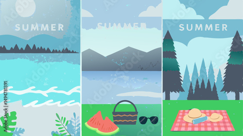 Three summer scenes depicting beach, picnic and forest landscapes with summer text overlaying each scene