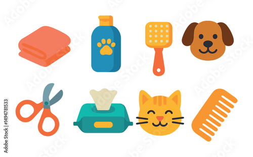Pet care flat icons set – grooming, supplies, animal companion symbols