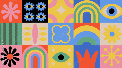 Colorful geometric pattern with flowers eyes rainbows and abstract shapes in a tiled arrangement design