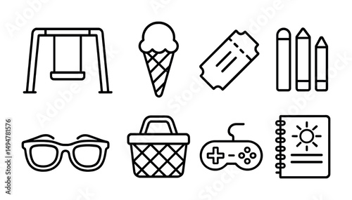 Recreation and leisure icons set – outline, linear, activity and pastime symbols
