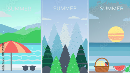 Three summer scenes depicting beach with umbrella, forest with trees, and ocean with sun and picnic basket