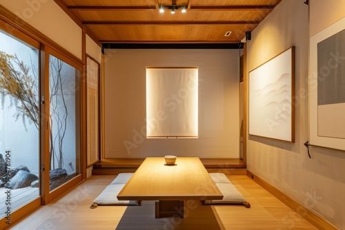 Serene Minimalist Interior of Traditional Japanese Room with Paper Door