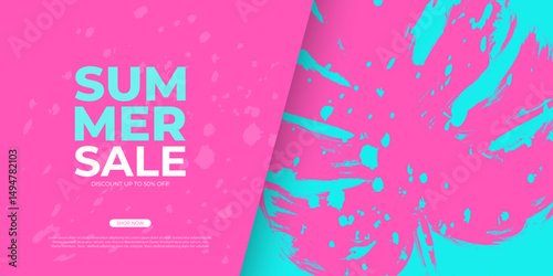 Summer Sale banner. Summertime commercial background with brush stroke tropical leaf for Summer season shopping promotion and sale advertising. Vector illustration.