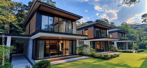 Modern two houses in a landscaped garden photo