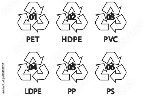 Plastic recycling code icon set. recycle arrow. plastic recycling code 01-06 icon set. plastic recycling code symbol icon PETE, HDPE, PVC, LDPE, PP, PS, OTHER. Plastic, recycle, symbol, icons EPS 10