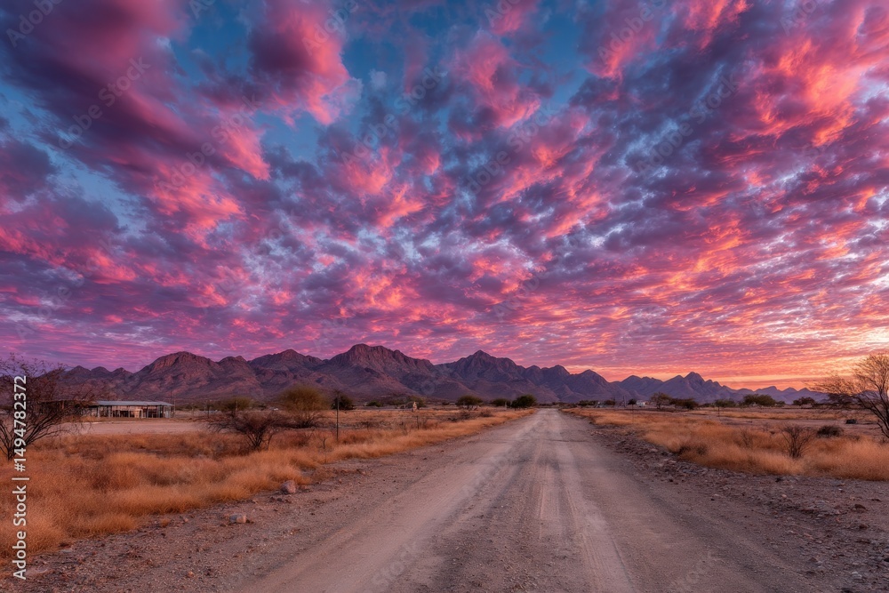 Fototapeta premium Vibrant sunset over desert landscape with mountains and colorful clouds in evening sky