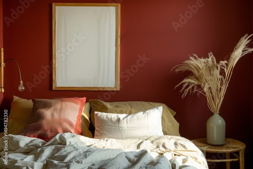 Cozy bedroom with warm tones and decorative plant arrangement