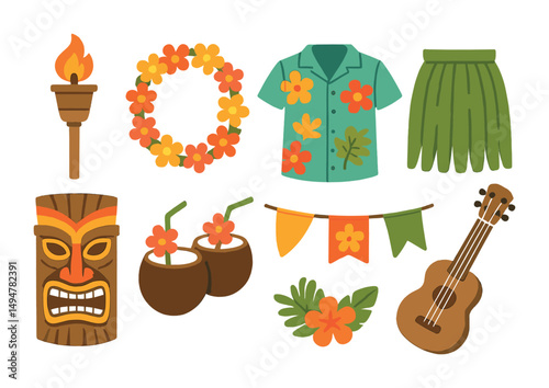 Hawaii and tiki flat icons set – tropical, luau, vacation and island culture symbols