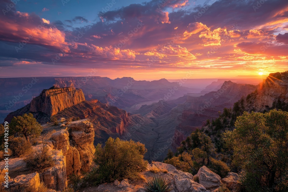 Fototapeta premium Majestic sunset over Grand Canyon showcasing vibrant colors and rugged terrain in late afternoon light
