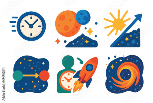 Space and time flat icons set – cosmic, universe, astronomy symbols