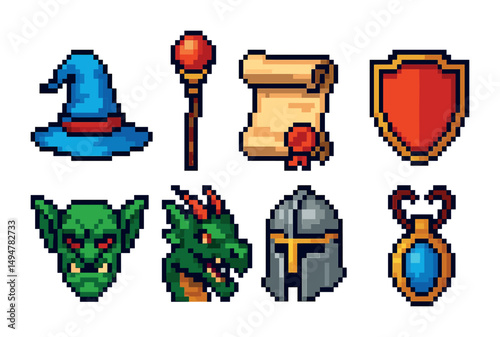 Fantasy and adventure pixel art icons set – gaming, quest, medieval symbols