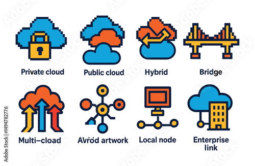 Cloud computing pixel art icons set – hybrid, private, digital network symbols