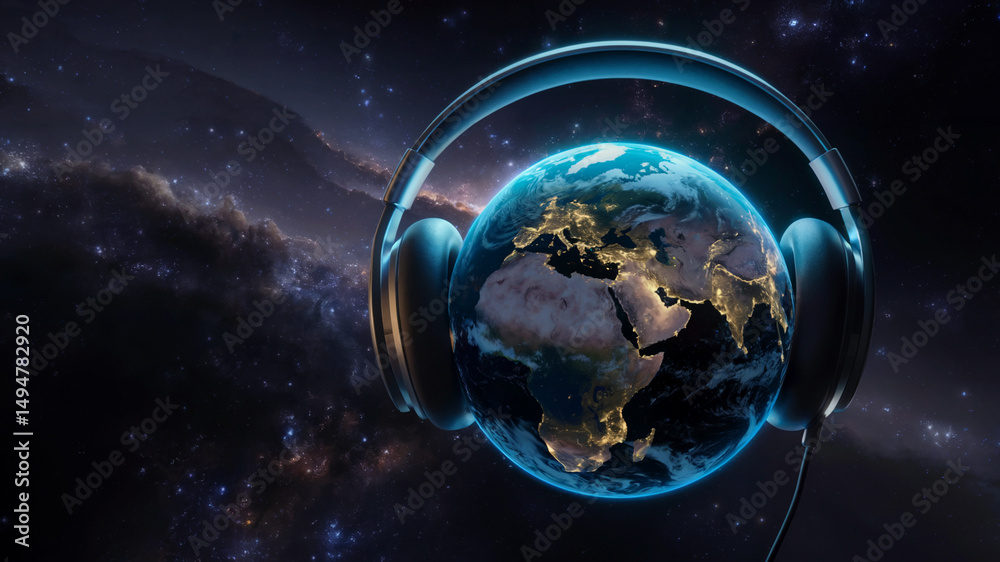 Obraz premium Earth with Headphones, A Digital Artwork of Our Planet Surrounded by Music and Stars in a Peaceful Cosmic Scene