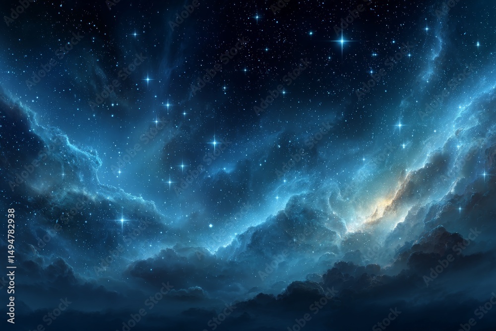Obraz premium Galactic view of a starry night sky with swirling clouds and luminous stars above a tranquil landscape