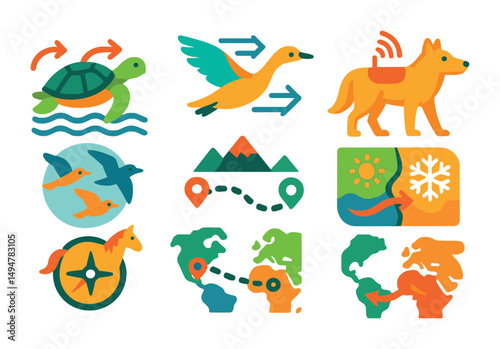 Navigation and travel flat icons set – map, journey, directional symbols
