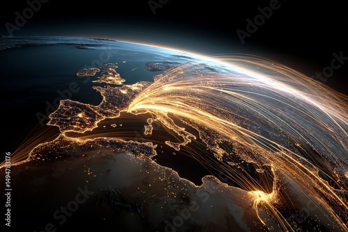 Visual representation of global connectivity over Europe showcasing illuminated cities and data paths in the night sky