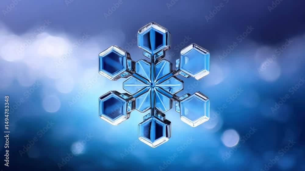 Crystal snowflake blue background with winter cold icy abstract geometric shiny macro details, featuring blue geometric snowflake crystal and clear ice modern abstract design, with shiny metallic