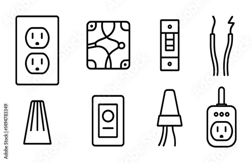 Electrical components outline icons set – wire, circuit, plug symbols