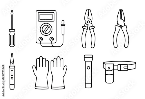 Electrical tools outline icons set – line, solid, work and repair symbols