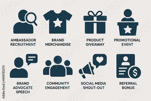 Brand ambassador solid icons set – marketing, merchandise, promotional event symbols